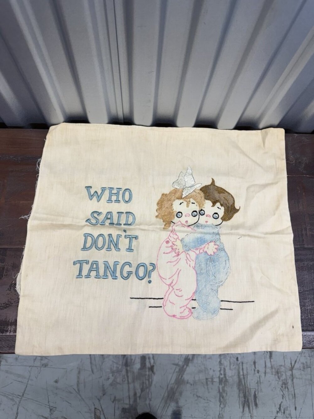 Vintage Embroidered Pillow Cover Dancing Couple Who Said Don’t Tango? Kitsch